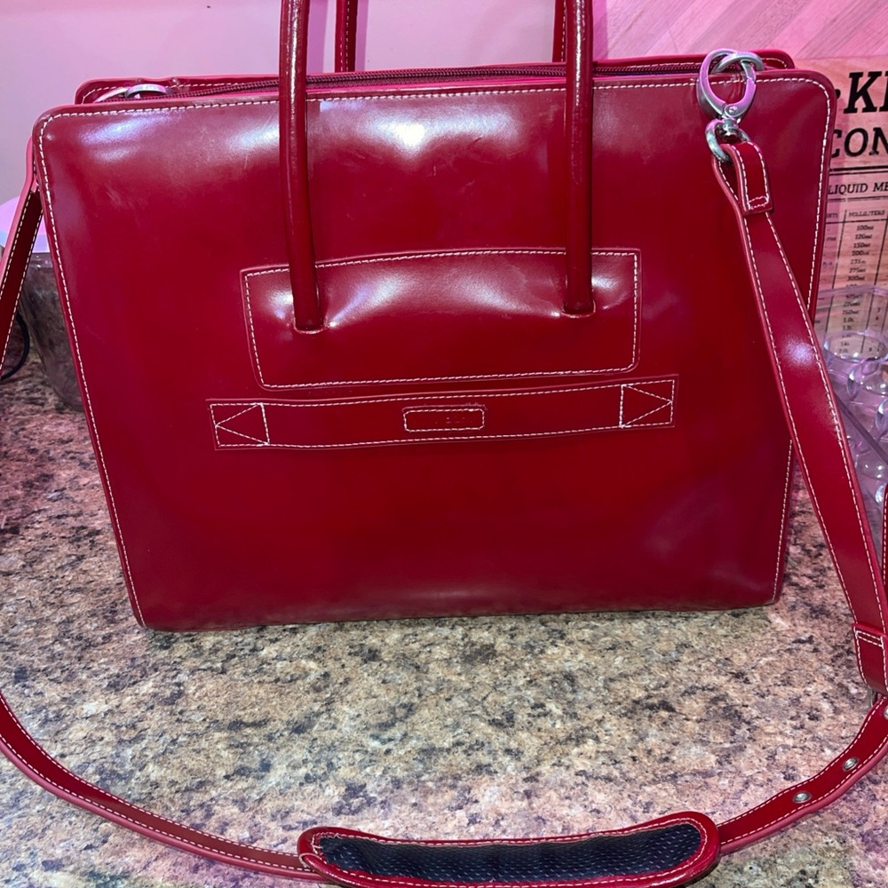Mcklein Leather Bag - Red With Blue Interior - Many Pockets - Shoulder Strap